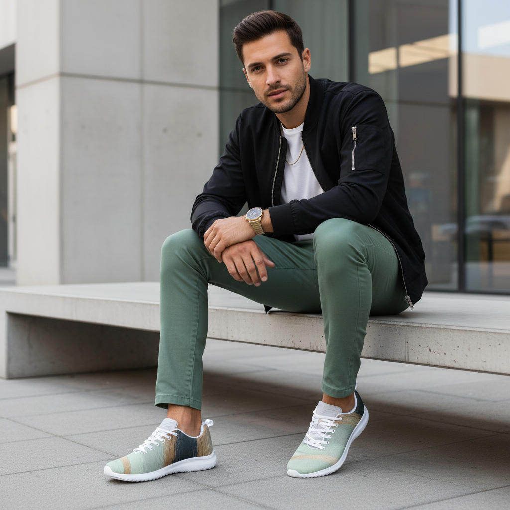 Man sitting on bench in mint chinos white tee and black bomber with mint gold black wave shoes