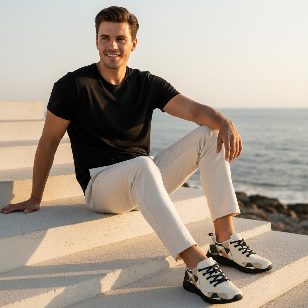 Man sitting on coastal steps in cream chinos and black shirt with geometric shoes