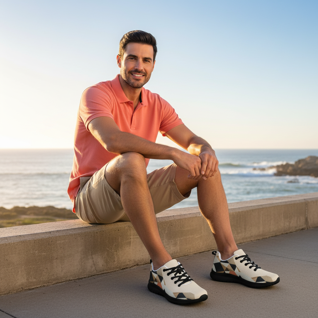 Man sitting on ledge in coral polo and tan shorts with geometric sneakers