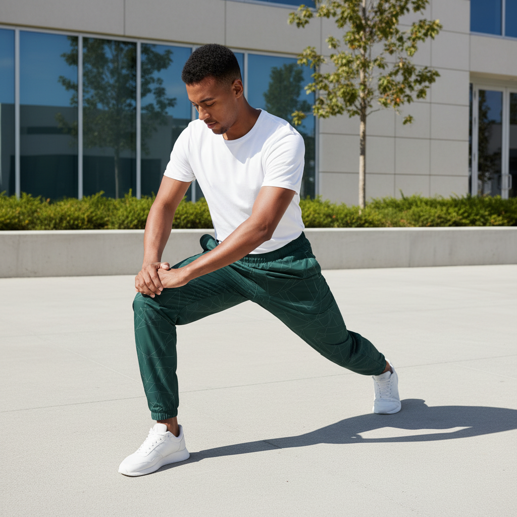 Man stretching in dark green patterned track pants outdoors