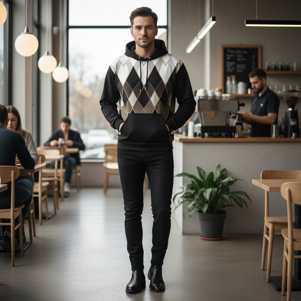 Man wearing Art Deco hoodie with black jeans and black boots in contemporary cafe
