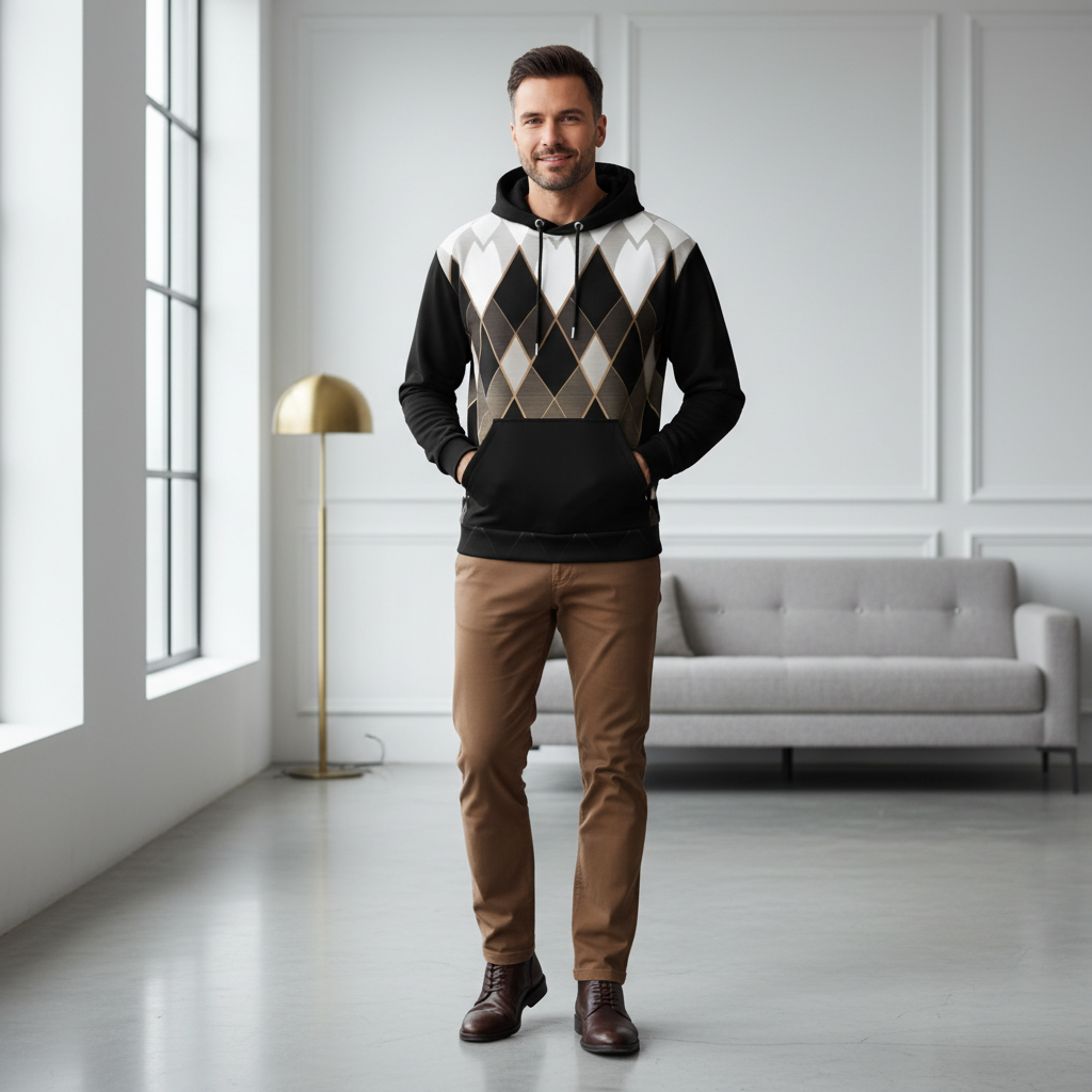 Man wearing Art Deco hoodie with brown chinos and brown boots in modern interior