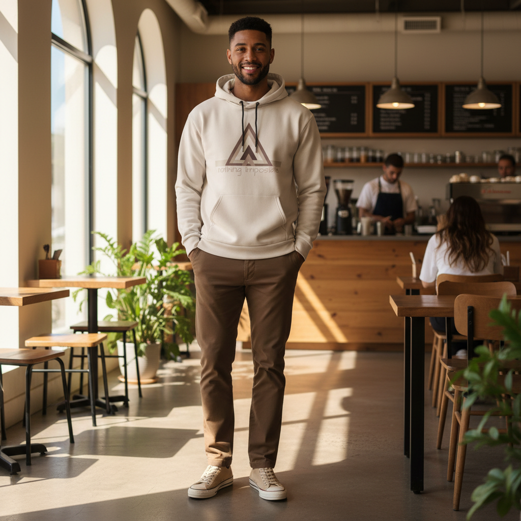 Man wearing beige geometric triangle hoodie with brown chinos in bright sunny cafe