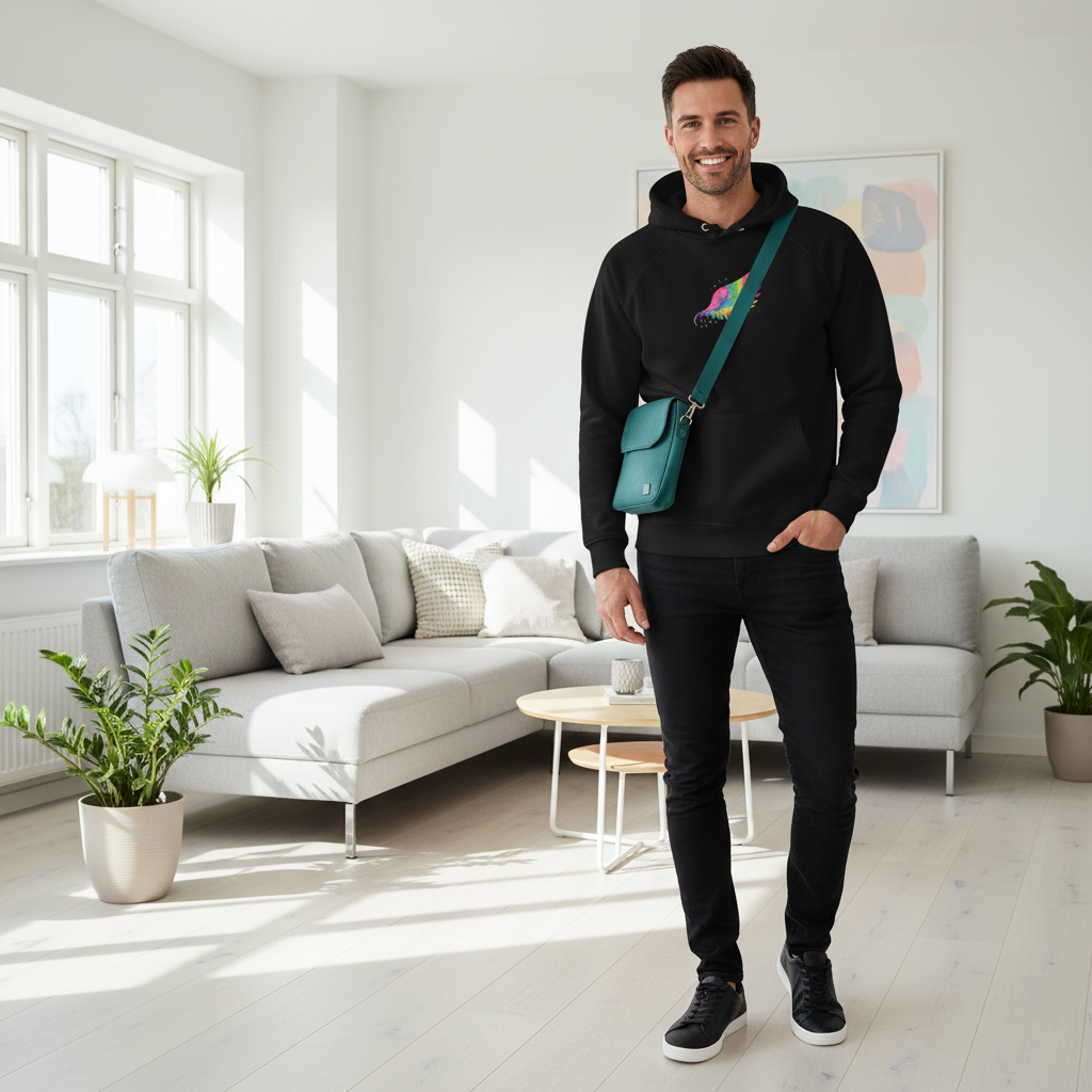 Man wearing black feather hoodie with black outfit and teal crossbody bag in Scandinavian living room