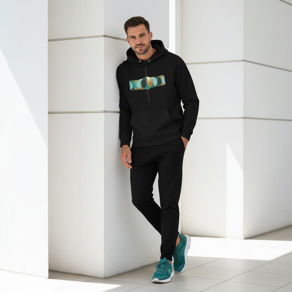 Man wearing black hoodie with teal and gold pattern paired with black joggers and teal sneakers