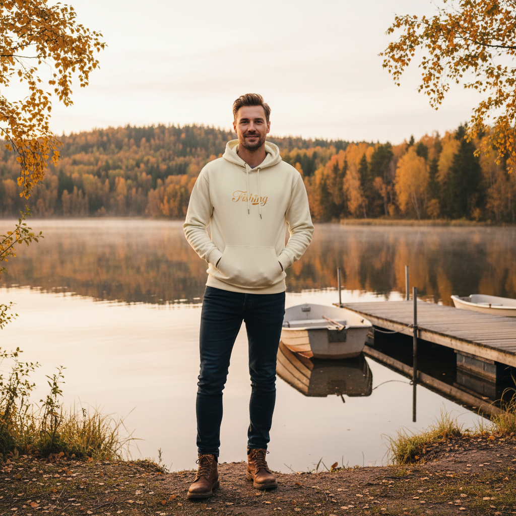 Man wearing bone cream Fishing hoodie with navy blue jeans and brown boots by Finnish lake