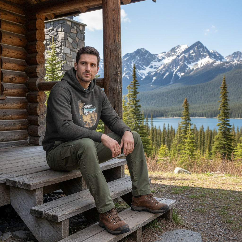 Man wearing charcoal heather old map hoodie with olive cargo pants on log cabin steps in mountains