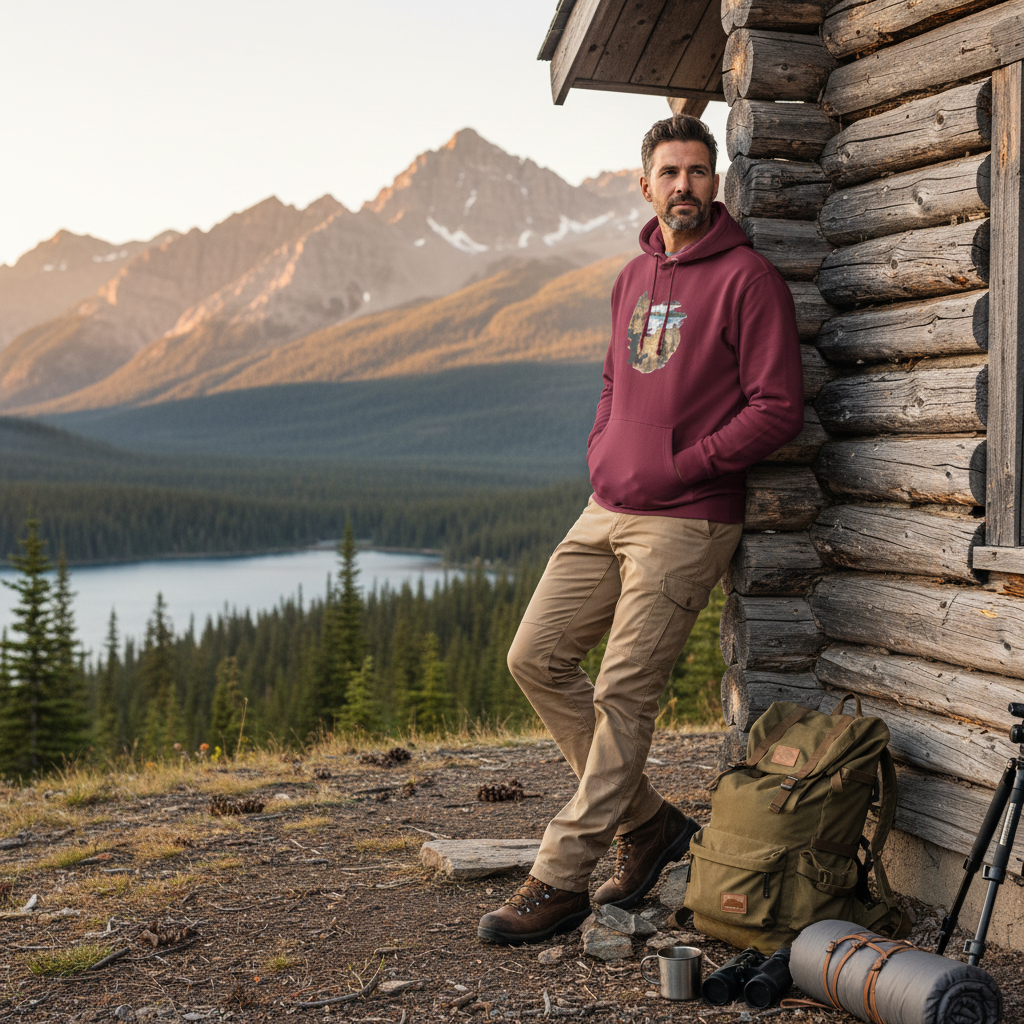 Man wearing maroon old map hoodie with beige outdoor pants at rustic log cabin in mountains