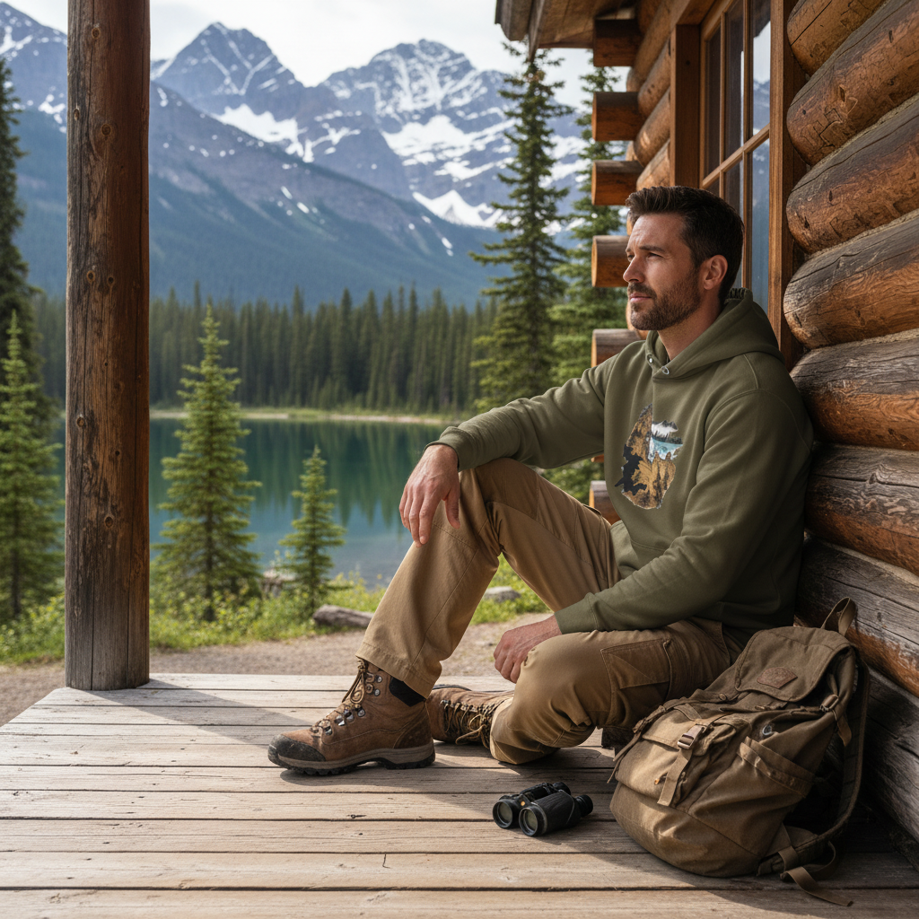 Man wearing military green old map hoodie with khaki cargo pants on log cabin porch in mountains