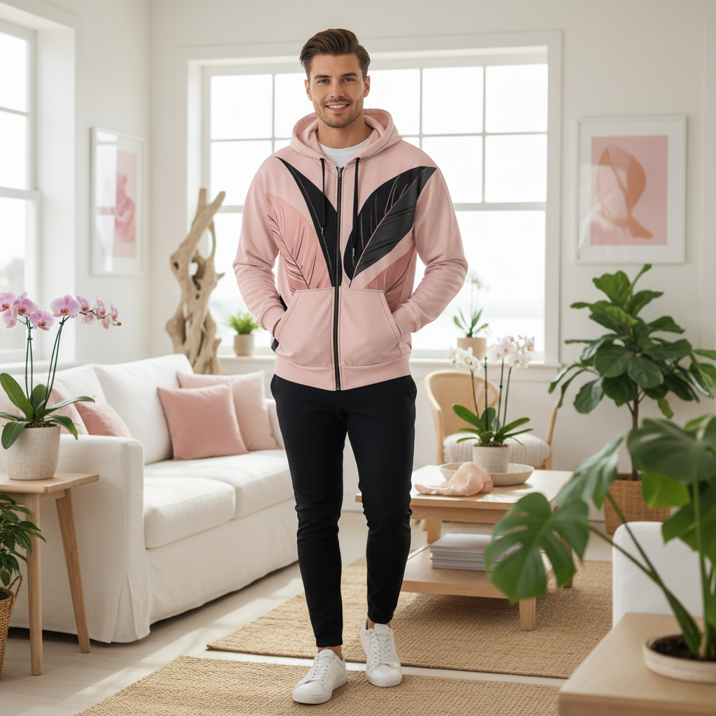 Man wearing pink botanical leaf hoodie and black jeans in coastal living interior