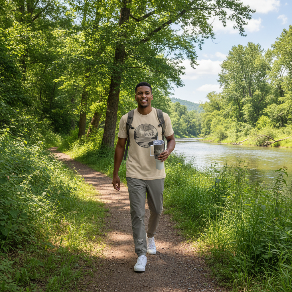 Man wearing sand beige Time by the River t-shirt with track pants, backpack and travel mug walking riverside trail