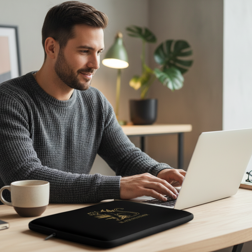 Man working with black Black Panther laptop sleeve prominently displayed on desk