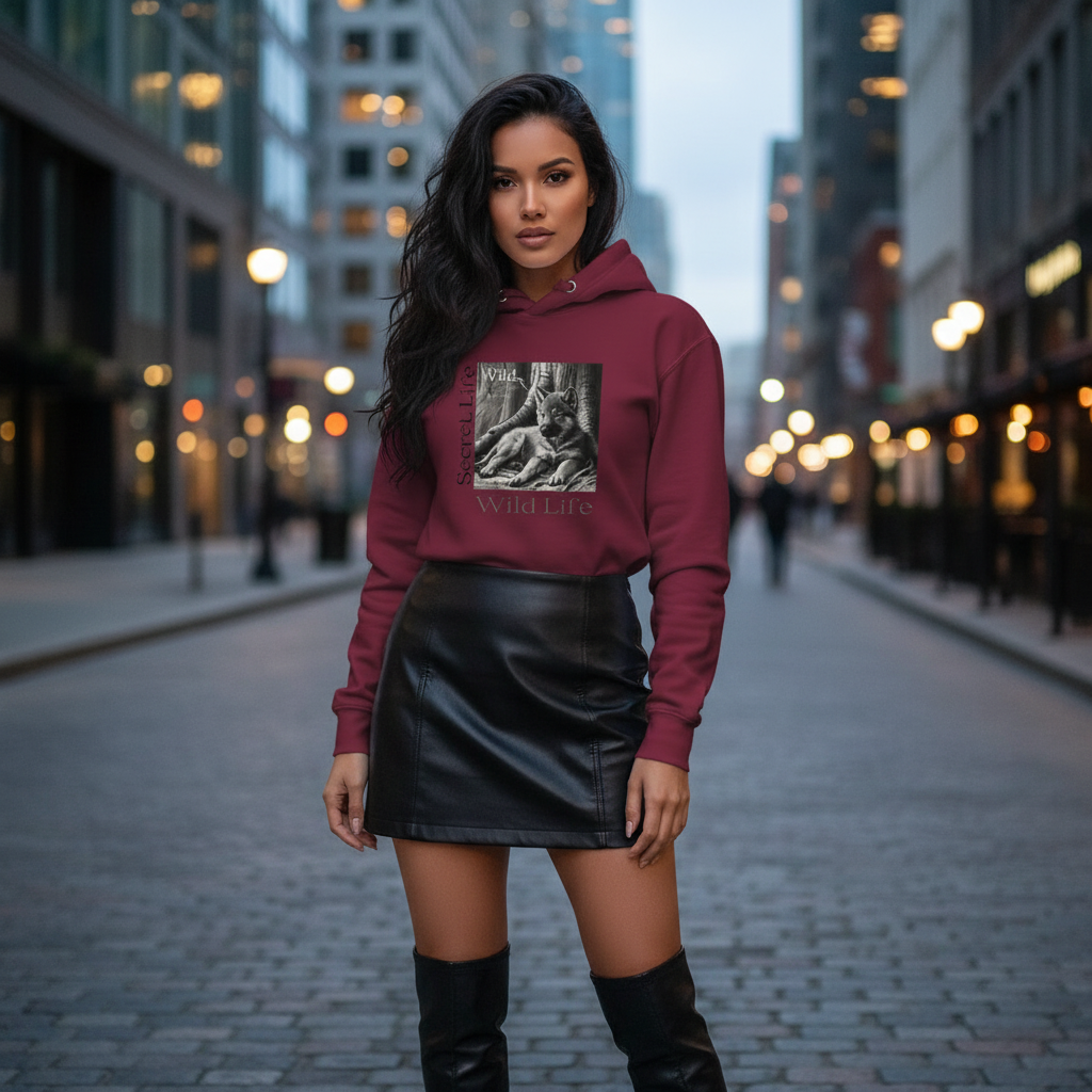 Maroon burgundy wolf cub hoodie black leather skirt boots urban luxury