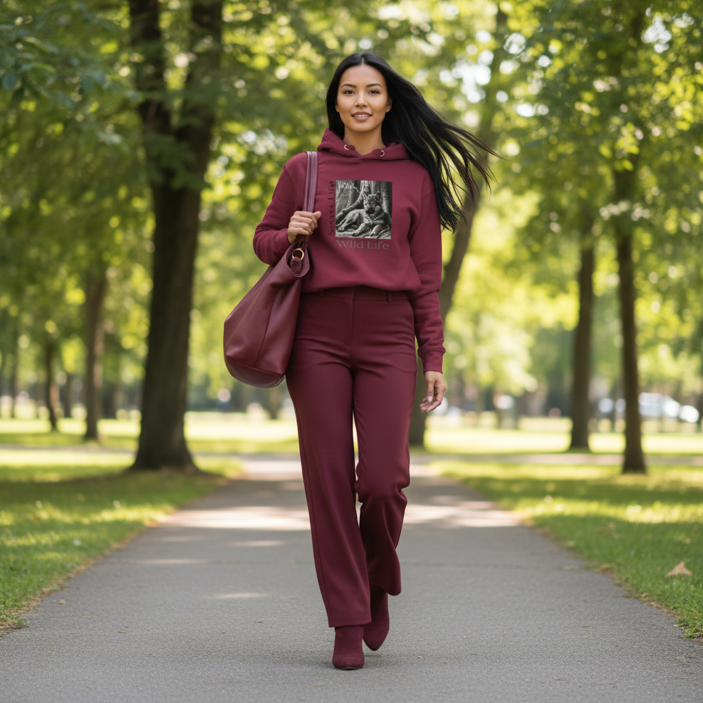 Maroon burgundy wolf hoodie maroon wide-leg trousers maroon boots bag park elegant