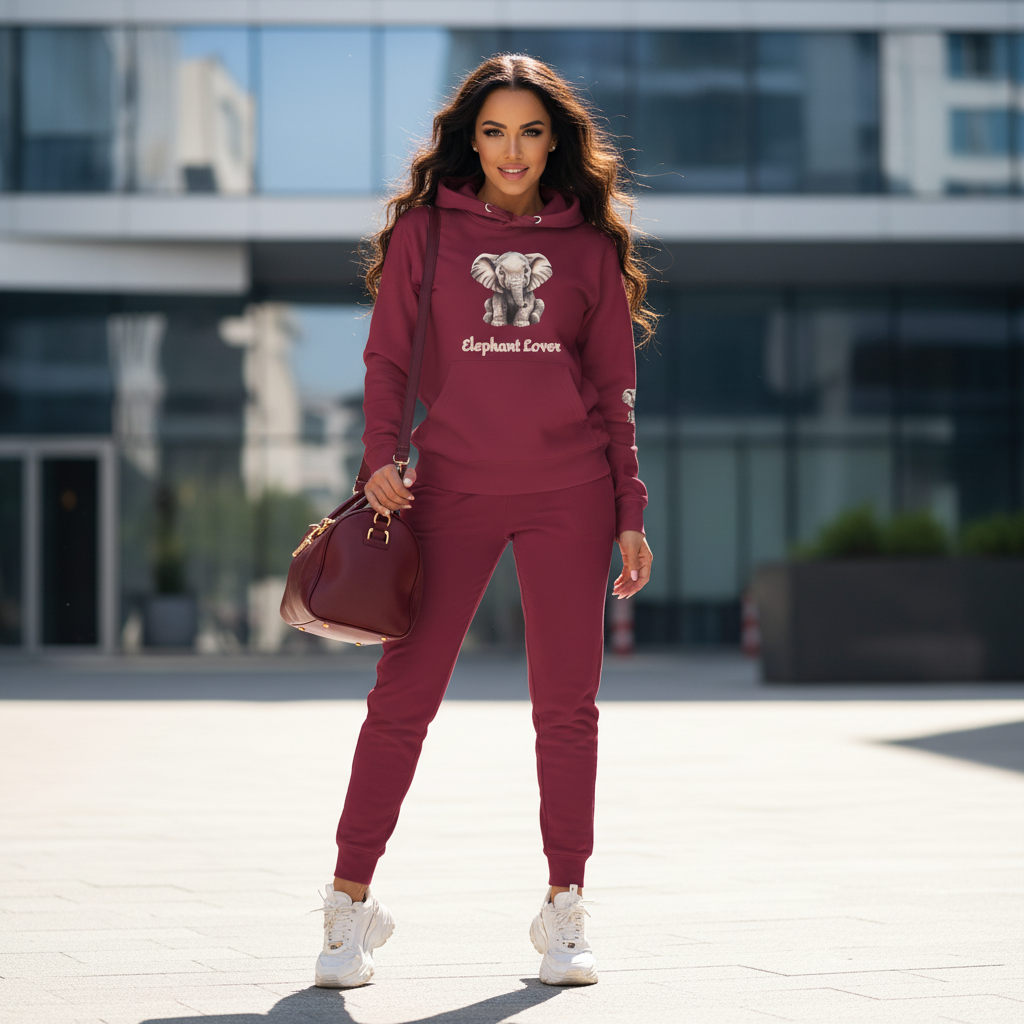 Maroon elephant hoodie matching joggers white sneakers designer bag luxury athleisure