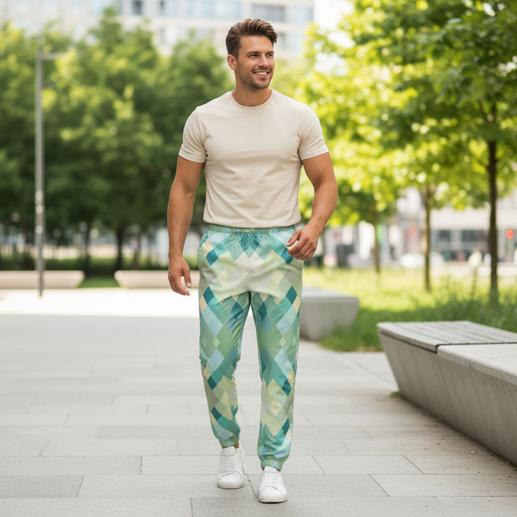 Men's athletic casual wear beige cotton crew neck t-shirt with turquoise geometric track pants urban park lifestyle
