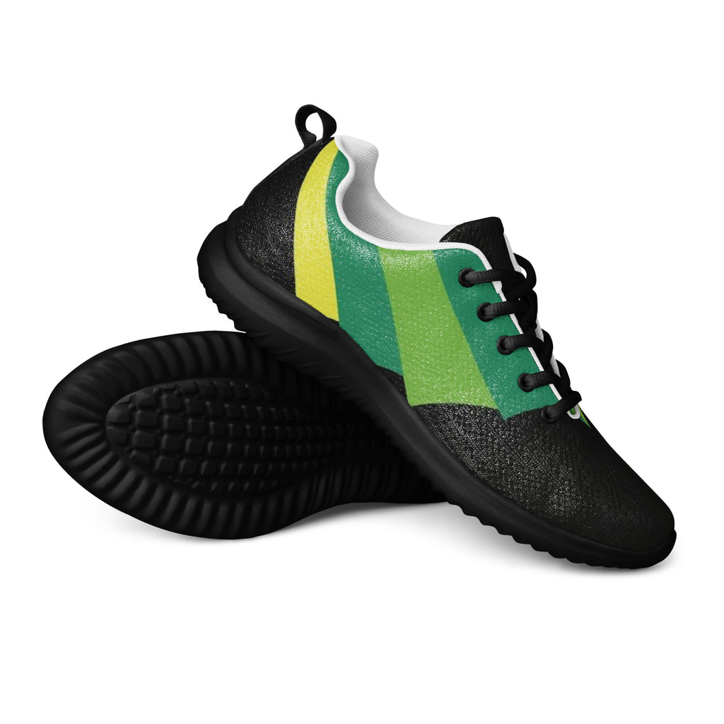 yellow green black athletic shoes 
