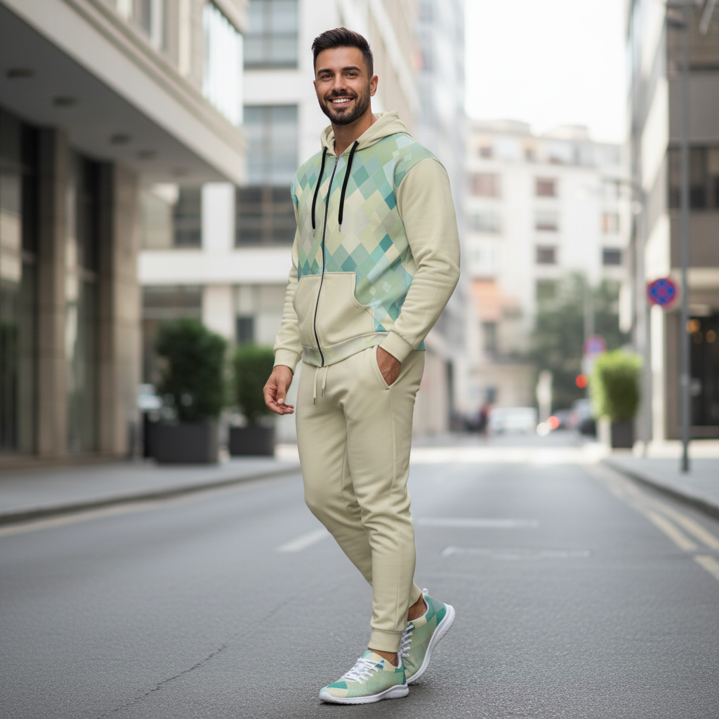 Men's complete Happy Colors outfit with geometric zip hoodie beige joggers and matching turquoise athletic shoes street style