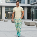 Men's Happy Colors outfit pale cream beige t-shirt turquoise geometric track pants matching athletic shoes urban lifestyle