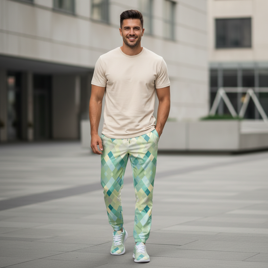 Men's Happy Colors outfit with beige t-shirt turquoise geometric track pants and matching athletic shoes urban lifestyle