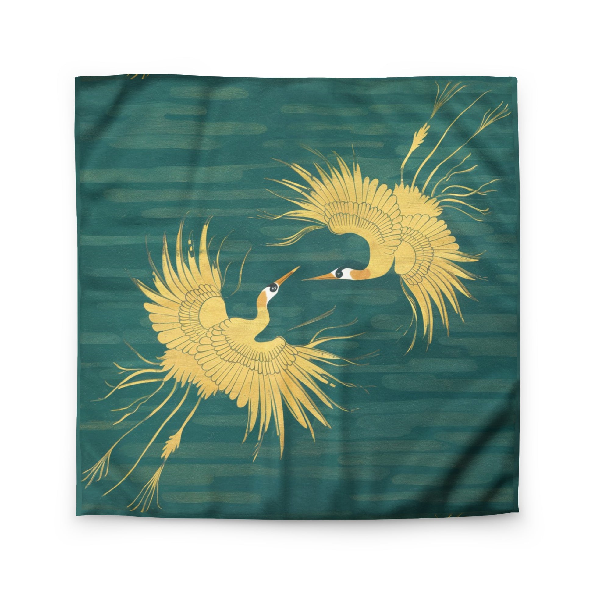 Modern zen bedroom with minimalist Japanese design featuring teal and gold crane duvet cover