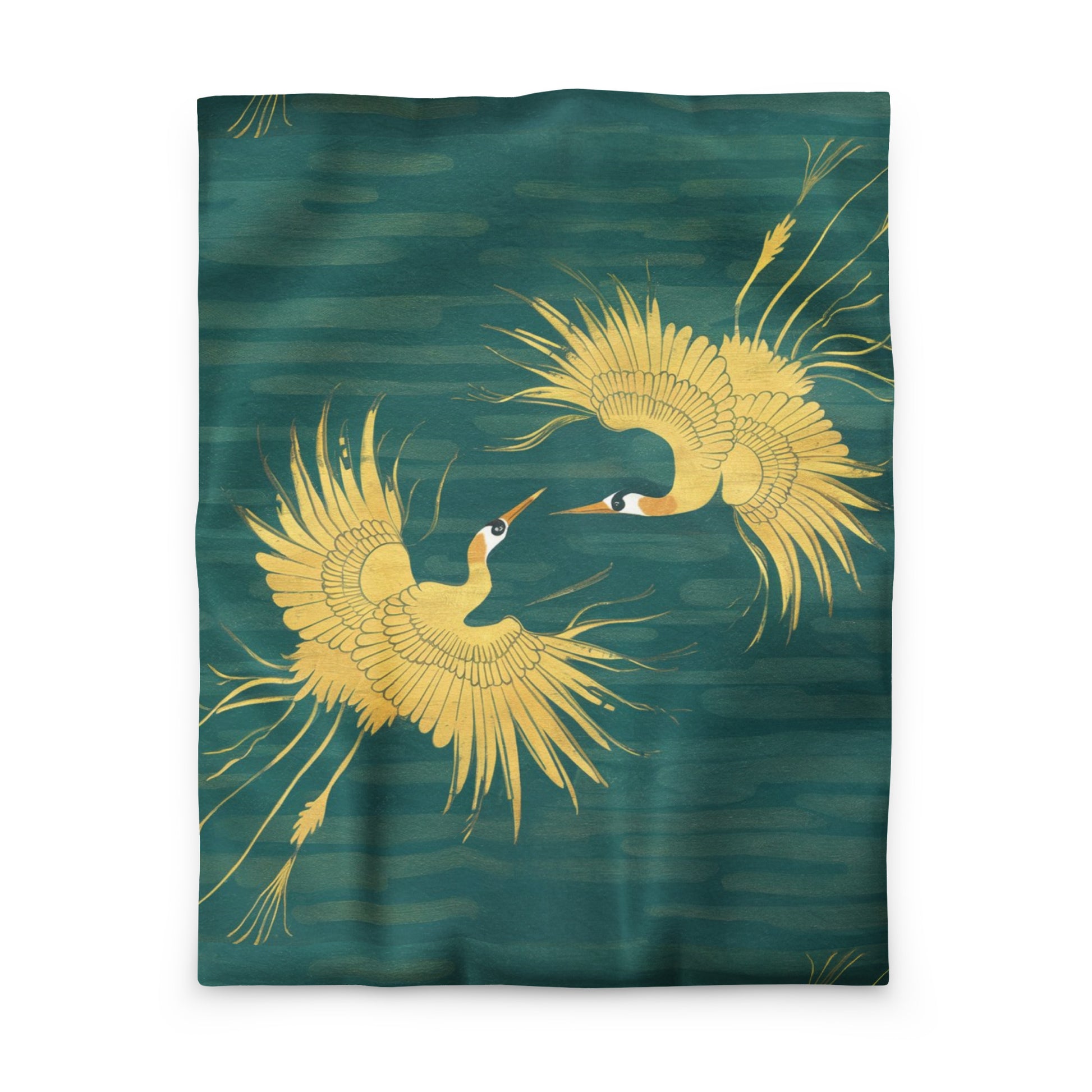 Modern zen bedroom with minimalist Japanese design featuring teal and gold crane duvet cover