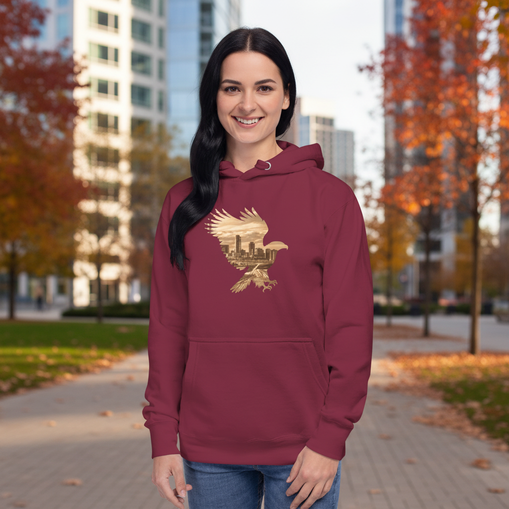Model in burgundy hoodie with eagle skyline graphic in urban park setting - sophisticated casual fashion

