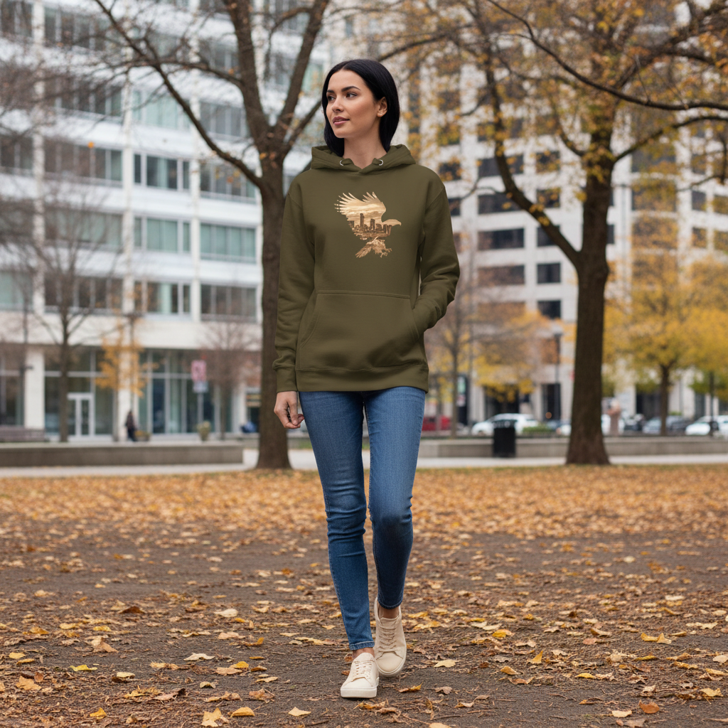 Model in olive green hoodie with eagle skyline graphic in urban park setting - contemporary outdoor lifestyle fashion
