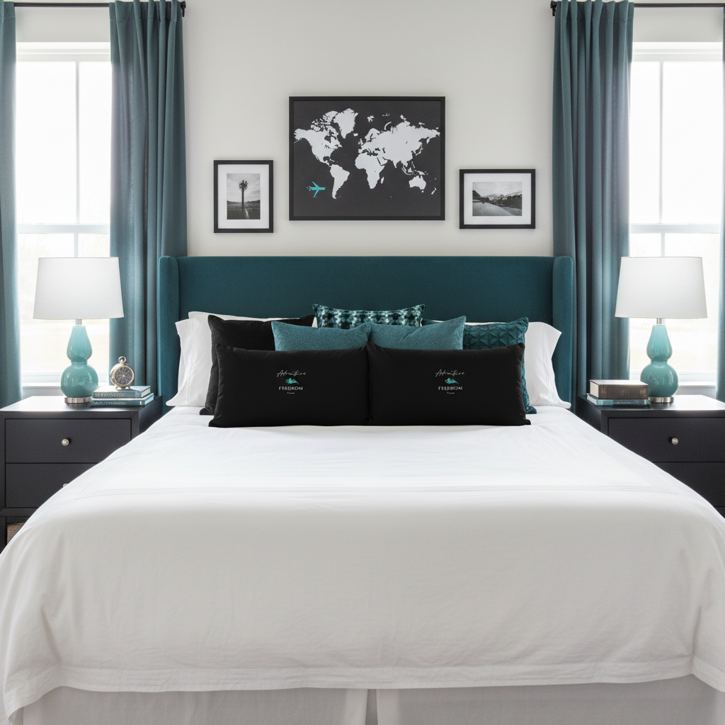 Modern bedroom with white bedding, teal headboard and Adventure Freedom Travel pillows