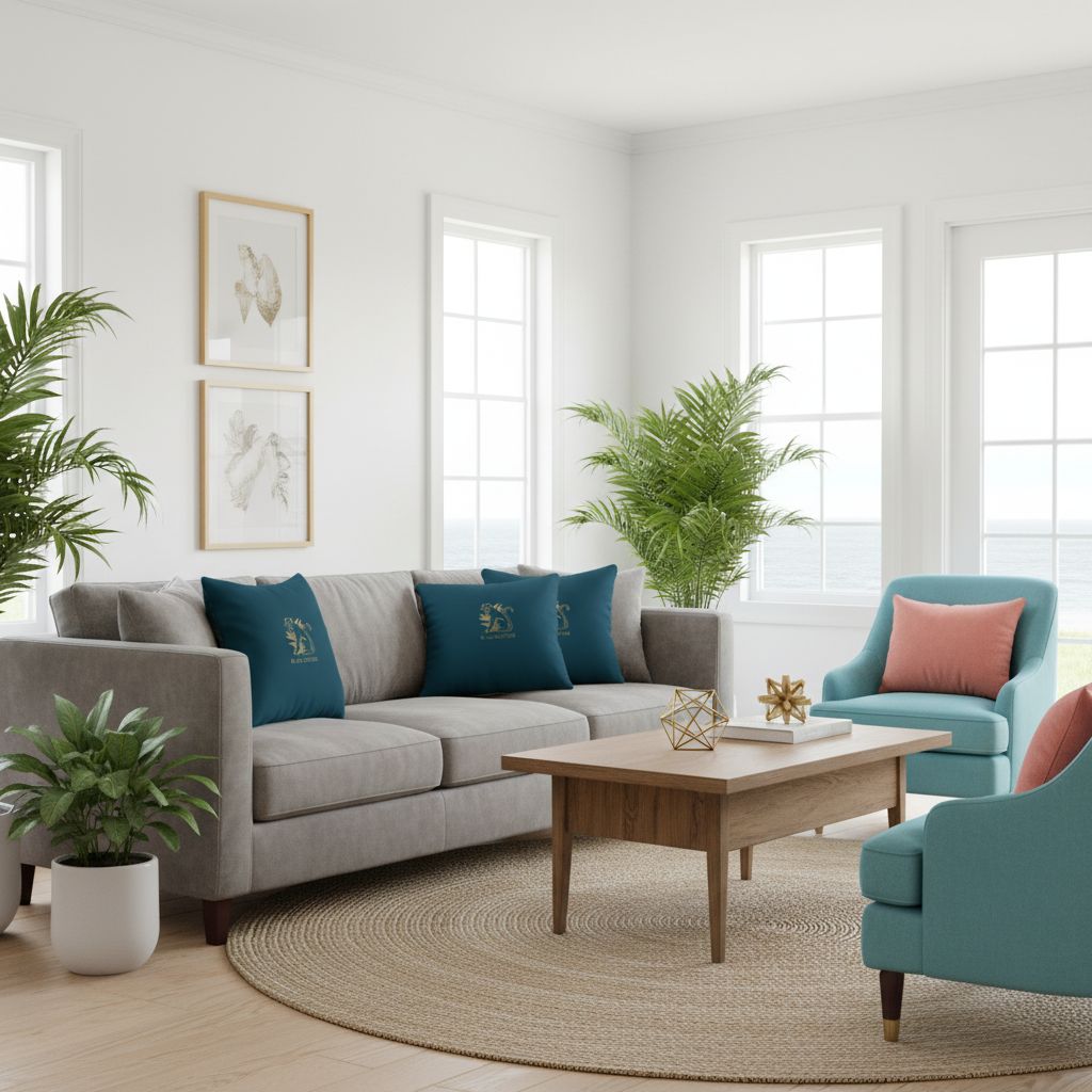 Modern coastal living room with teal and gold panther pillows on grey velvet sofa, turquoise chair, salmon cushions, gold accents, sophisticated style