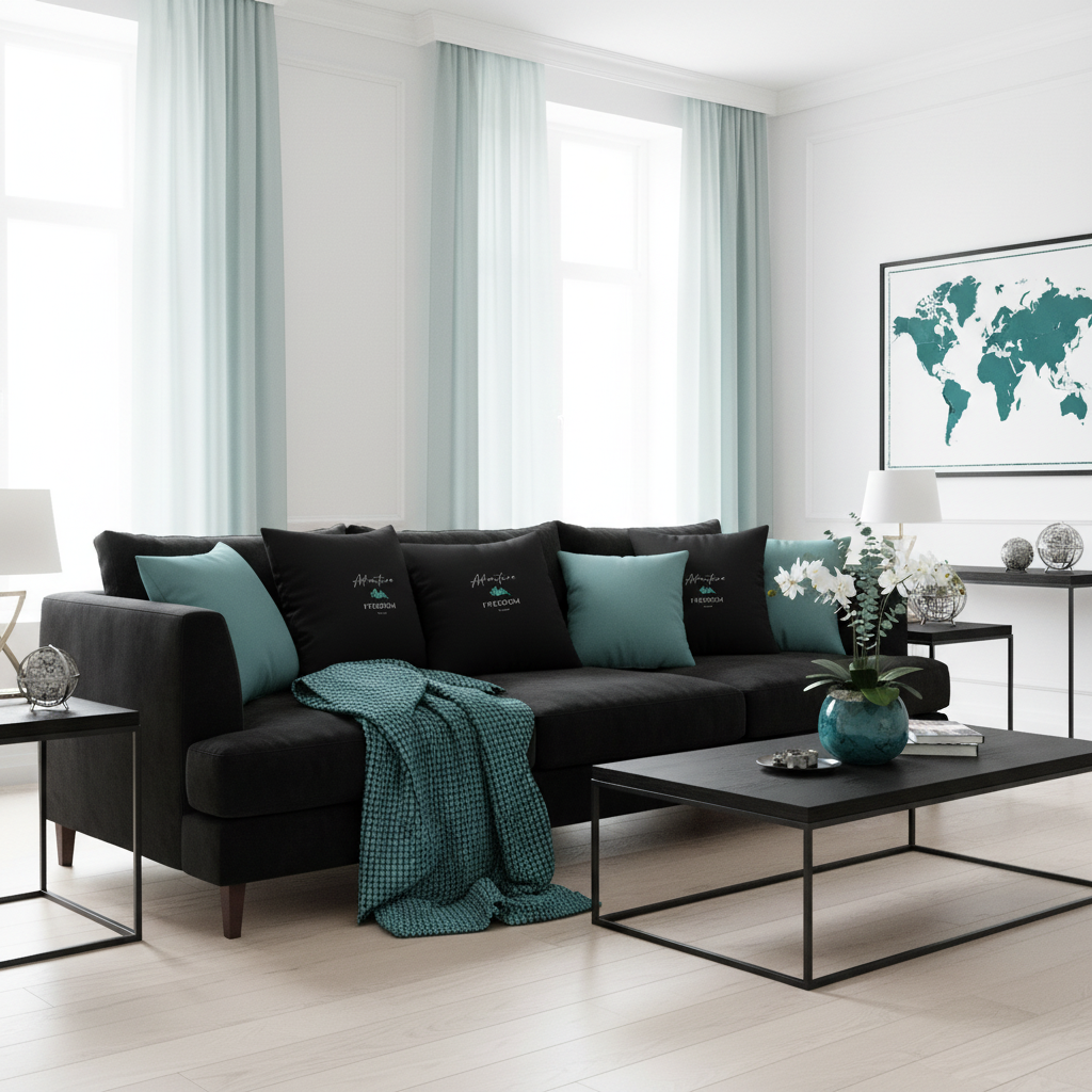 Modern living room with black sofa and teal accents matching Adventure Freedom Travel pillows