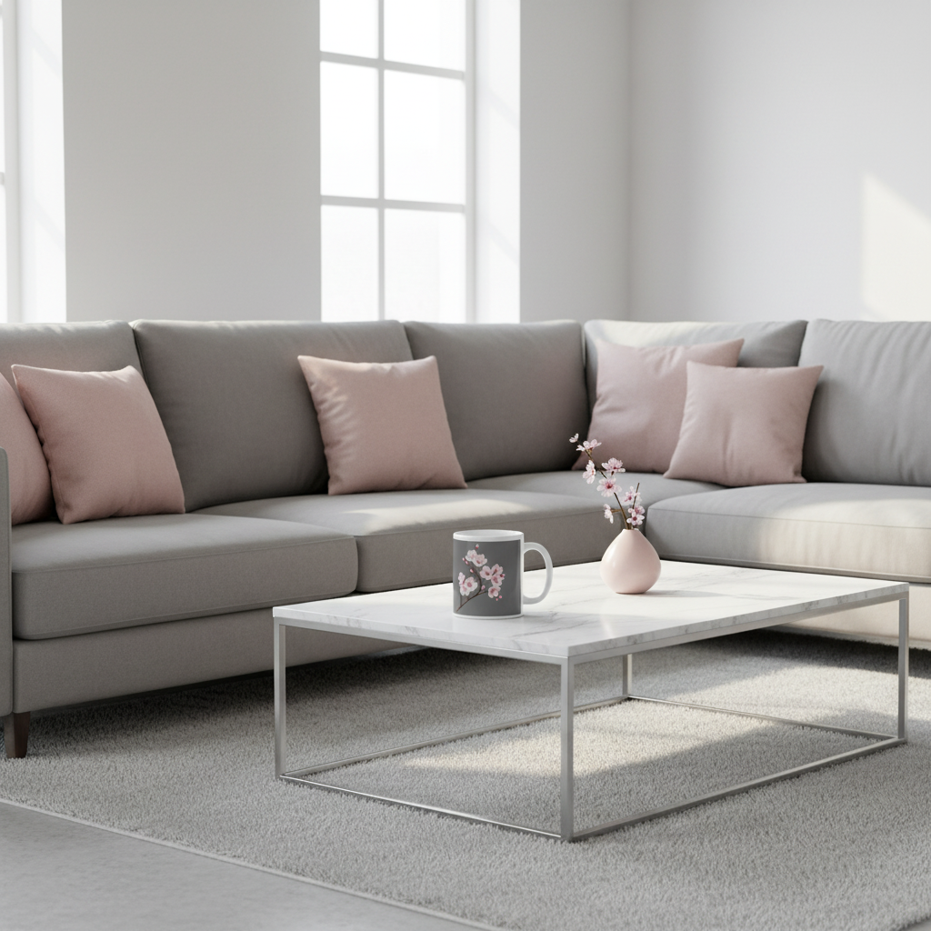 Modern living room with cherry blossom mug