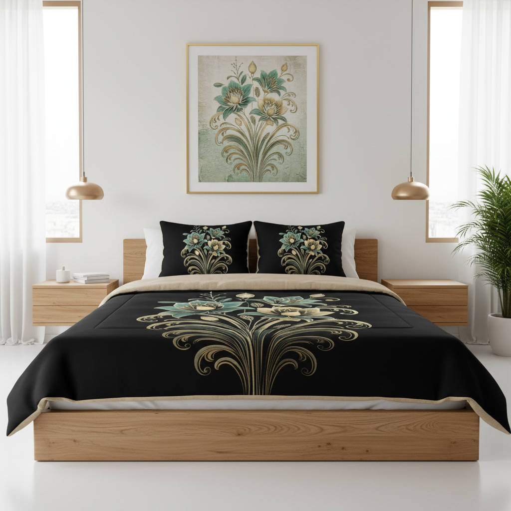 Modern minimalist king bedroom sage gold comforter visible matching pillows platform bed gold pendants