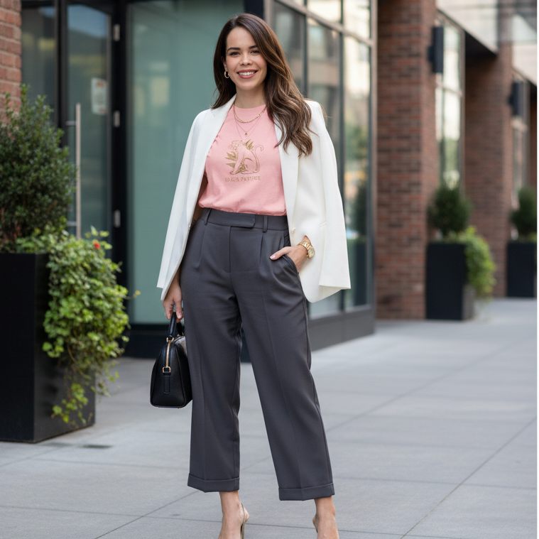 Modern woman in light pink Black Panther t-shirt with tailored blazer in elegant outfit
