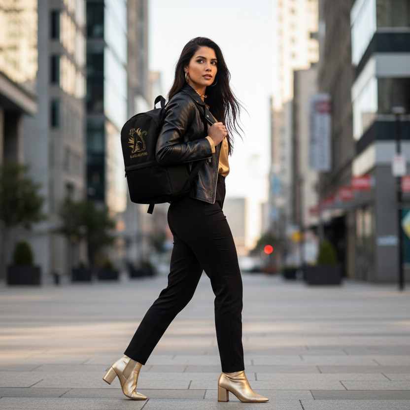 Modern woman with long hair wearing black Black Panther backpack in urban setting