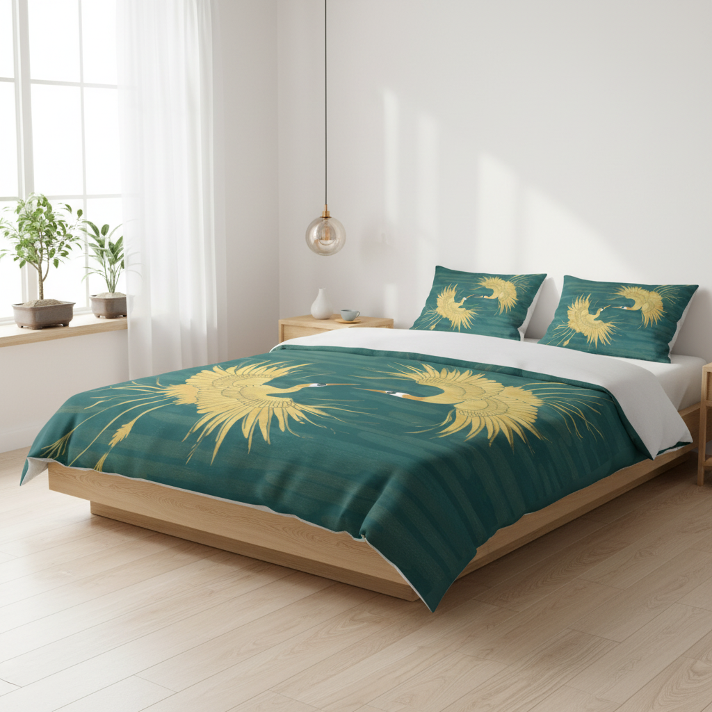 Modern zen bedroom with minimalist Japanese design featuring teal and gold crane duvet cover