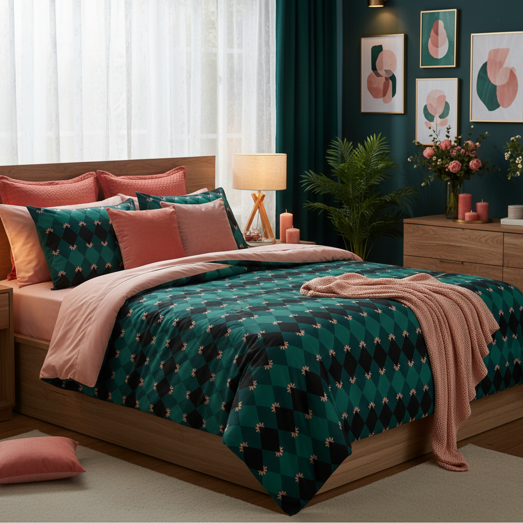 Moody dark bedroom with emerald green mosaic comforter, king bed, dark teal walls, white curtains, lots of coral pink and salmon pink pillows, peach throw, framed artwork in salmon pink and emerald tones, green plants, coral pink candles and flowers, warm ambient lighting, luxurious dramatic aesthetic