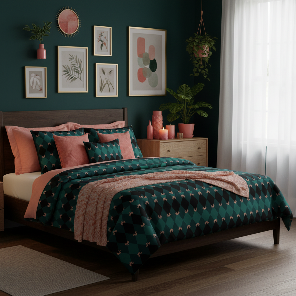 Moody dark bedroom with emerald mosaic comforter, dark teal walls, white curtains, coral pink and salmon pink throw pillows, peach blanket, curated framed artwork in salmon pink, coral and emerald tones, green plants, coral pink vases and candles, warm ambient lighting, luxurious dramatic styling