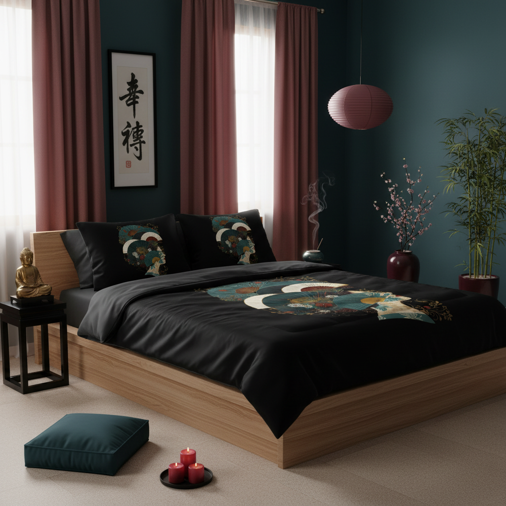 Moody luxurious zen bedroom with Buddha and Oriental bedding