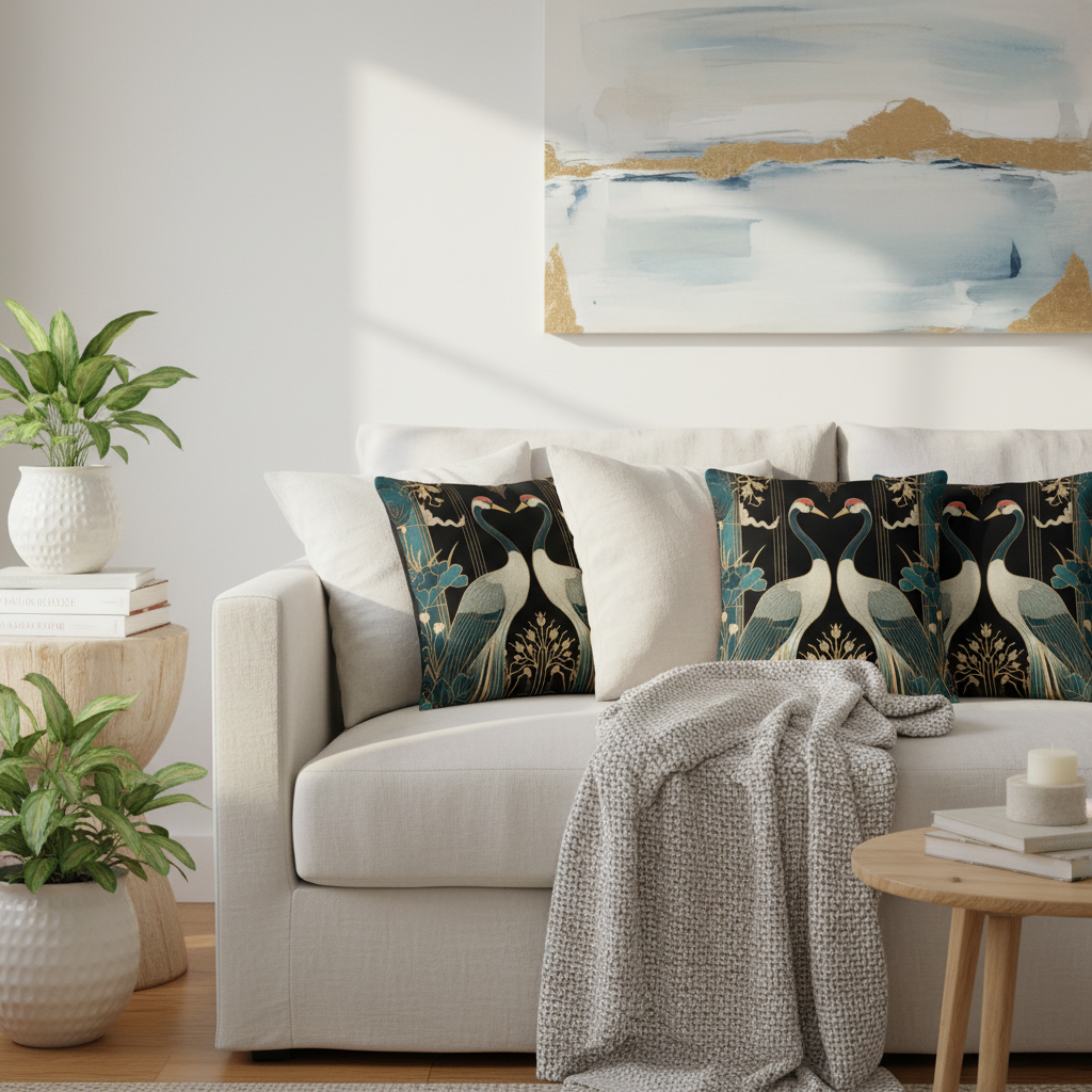 Sunny living room with luxurious teal and gold crane pattern pillows on cream sofa, botanical prints and natural textures
