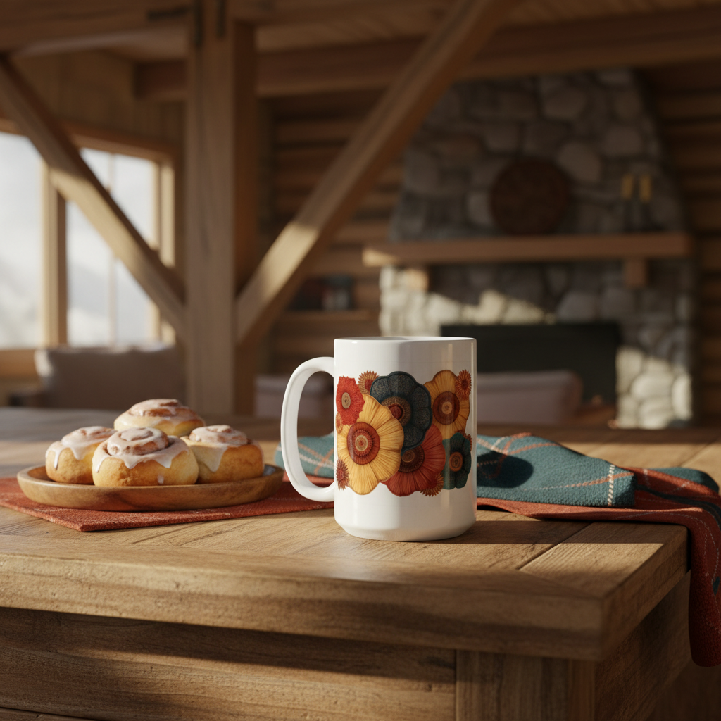 Mug on rustic kitchen counter in cabin