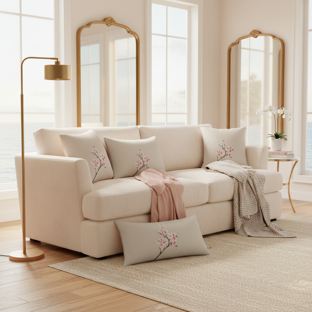 Multiple cherry blossom pillows on coastal luxury sofa
