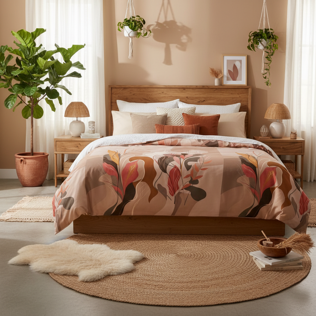 Bohemian abstract duvet cover in warm terracotta and cream tones styled in cozy bedroom with coordinated decor