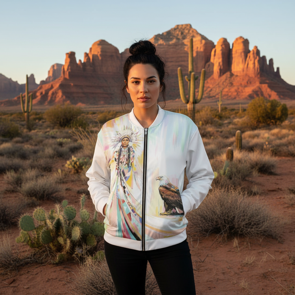 Native American Woman Bomber Jacket - Unisex Cultural Art