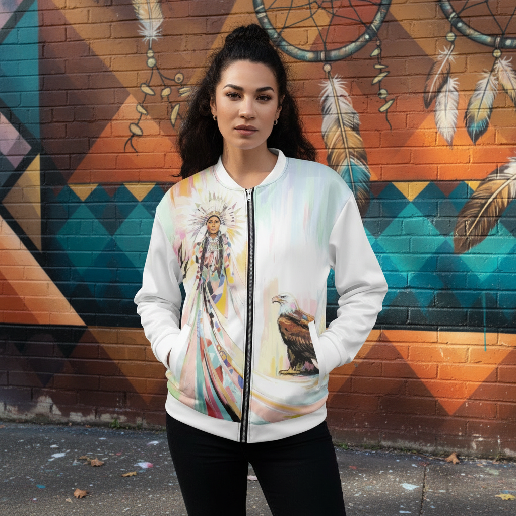 Native American Woman Bomber Jacket - Unisex Cultural Art