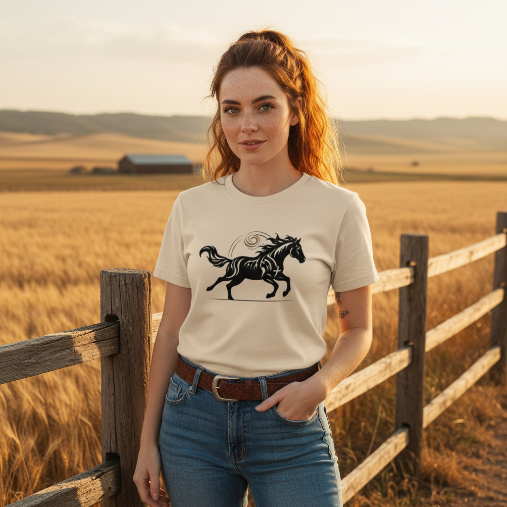 Woman wearing natural beige Wild Horse tee in golden wheat field - Earthy sustainable apparel for free spirits