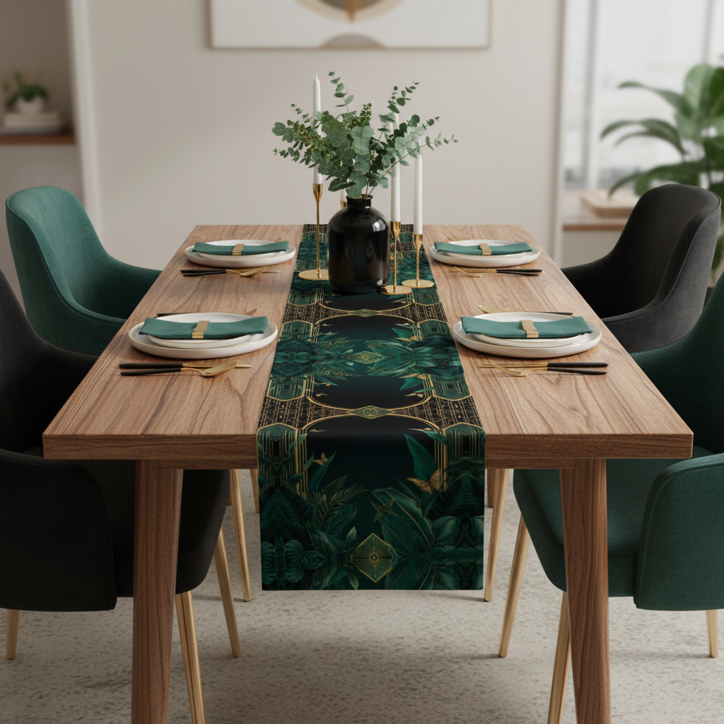 Natural wood dining with Emerald Plants runner complete pattern