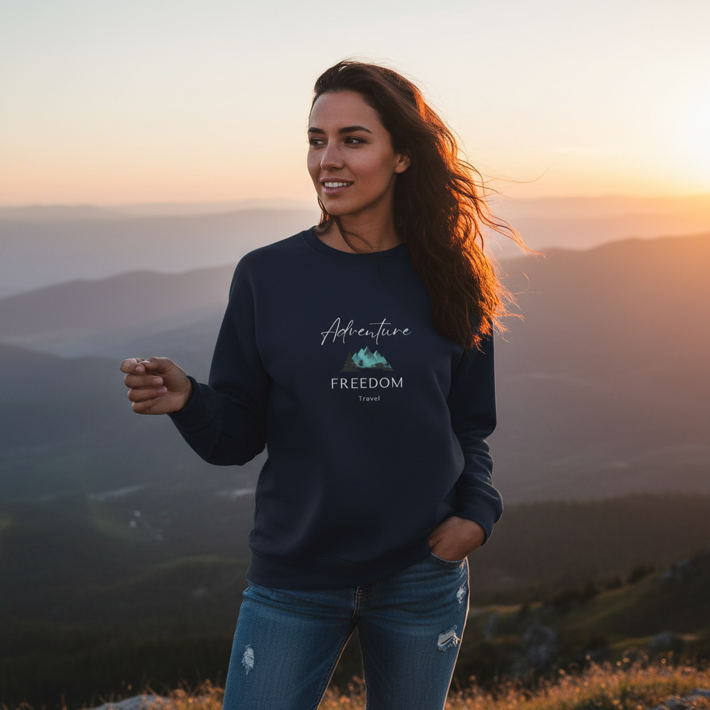 Woman wearing navy blue Freedom Travel sweatshirt on mountain overlook at sunset - Adventure lifestyle photography