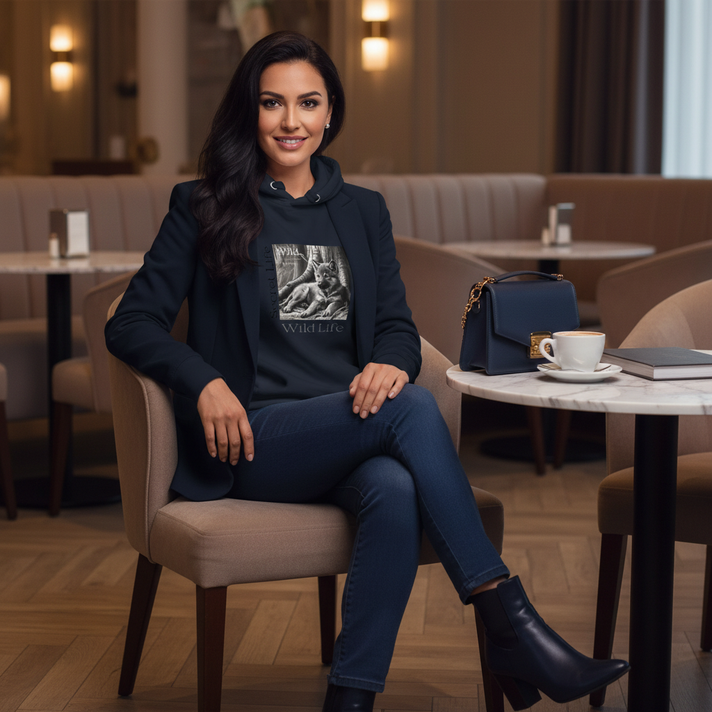 Navy blazer wolf hoodie navy trousers navy boots bag cafe luxury