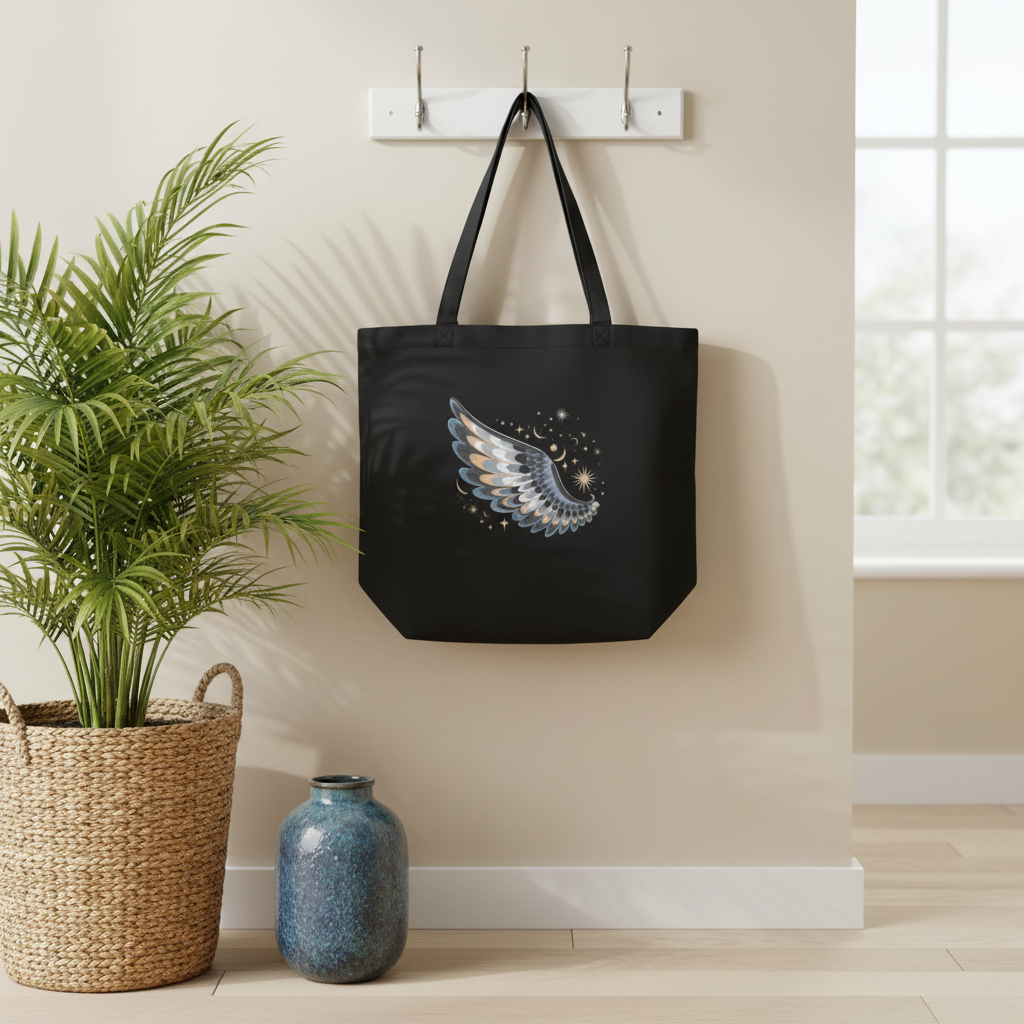 Night Wing tote bag hanging in coastal home entryway